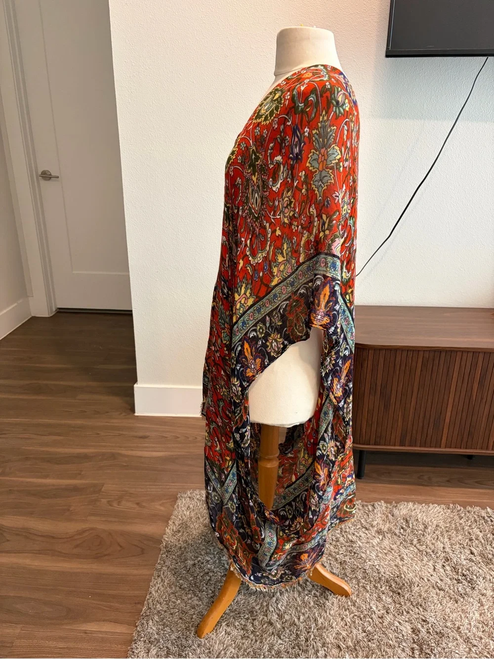 Bohemian Red Floral V-Neck Poncho